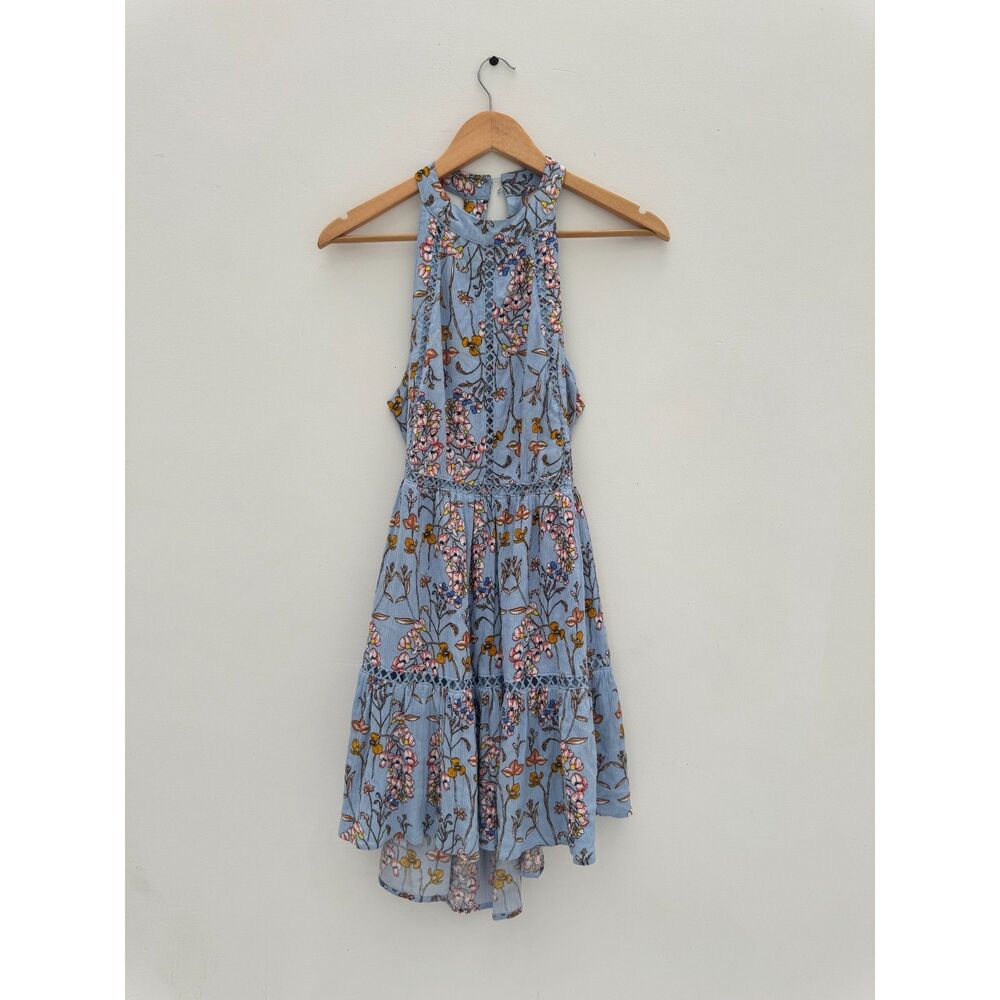 Abel the Label Chambray Floral Print Dress - High Neck - Crochet Trim - Size S